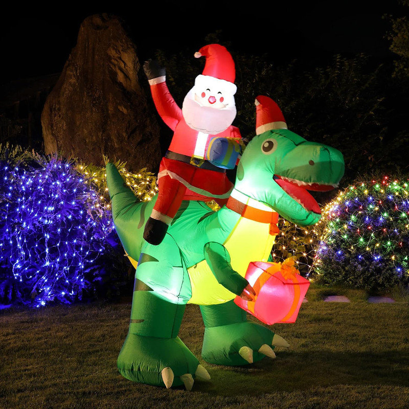 7 Ft Christmas Inflatable Santa hot Claus Ride on Dinosaur, Build-in LED Light